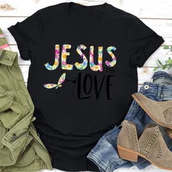 Jesus Love Print Women T Shirt Short Sleeve O Neck Loose Women Tshirt Ladies Tee Shirt Tops Clothes Camisetas Mujer