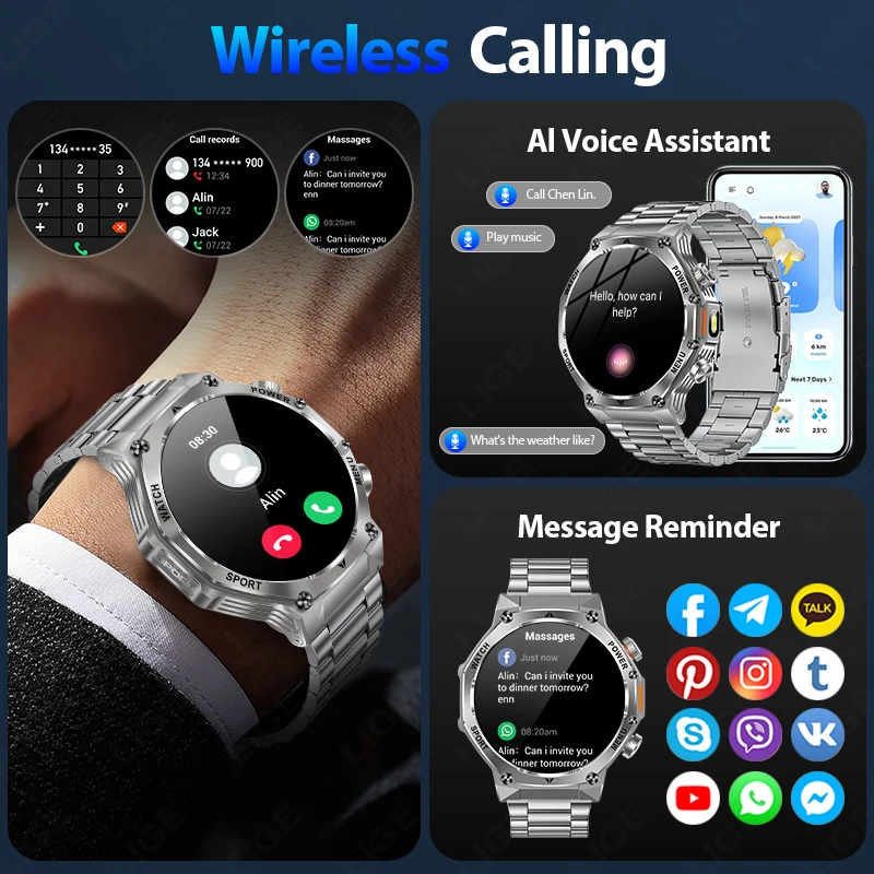 LIGE Steel Smart Watch Men LED Flashlight 800mAh Battery 1.8'' HD Screen Display Heart Rate Bluetooth Call Sport Smartwatch 2025