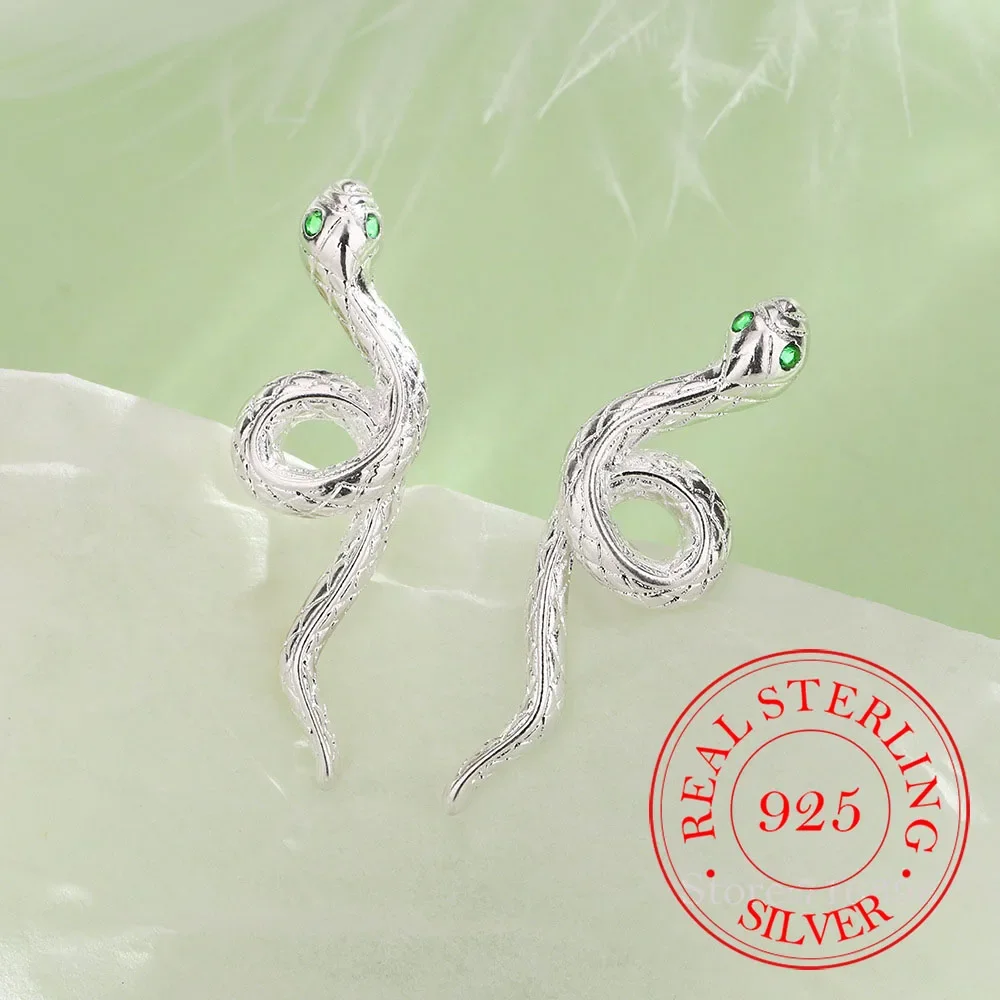 

Real 925 Sterling Silver Crystal Green Eyes Snake Stud Earrings For Woman Wedding Engagement Party Charm Jewelry Plata 925