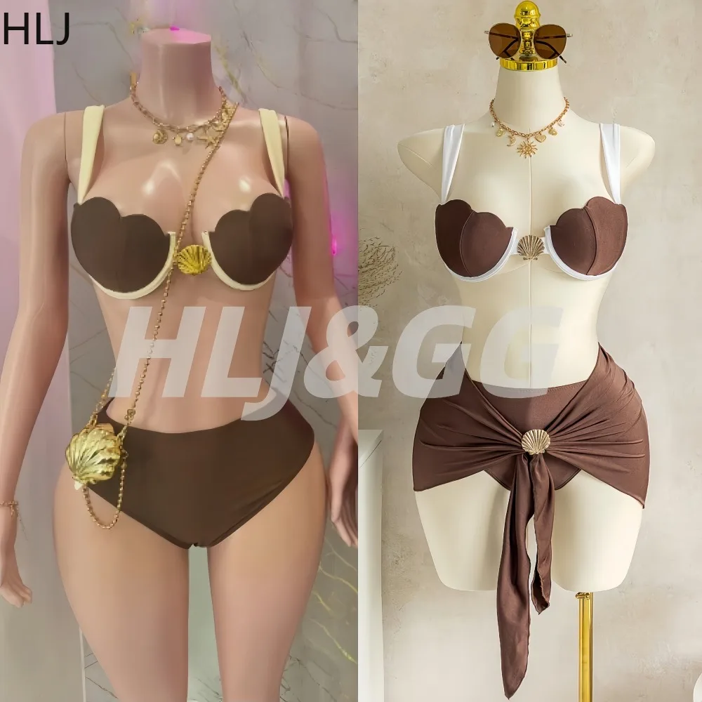 

HLJ Sexy Solid Color Three-pieces Bikini Set Spaghetti Strap Irregular Patchwork Tops + Skirt Underwired Bikini Female Beachwear