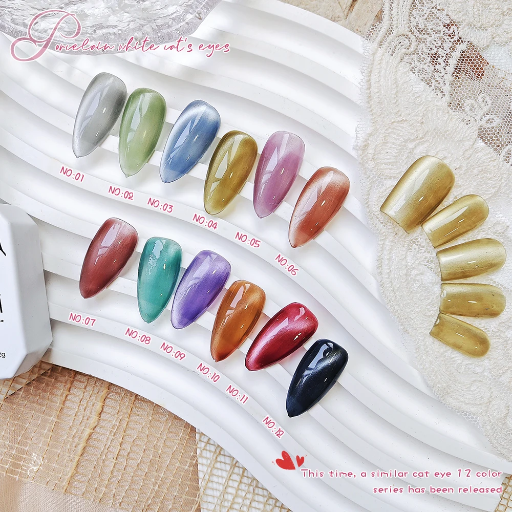 Vendeeni 12 Colors Crystal Cat Eye Gel Nail Polish Magnetic UV Soak Off Gel Varnish Mirror Porcelain Glass Cat Eye Gel Lacquer