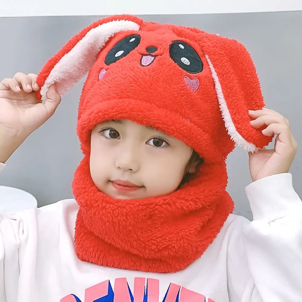 

Plush Coral Velvet Cap Winter Cartoon Pabbit Balaclava Scarf Thicken Cap Double Fleece Baby Scarf Hat Children