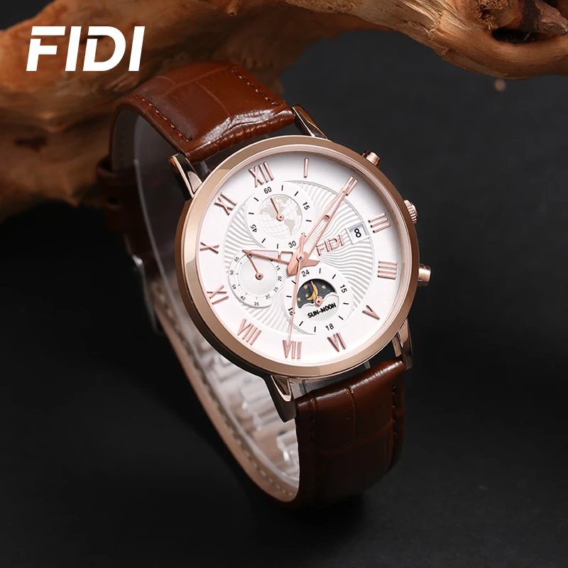 FIDI Men Watch Fashion Top Luxury Sport Men\'s Wristwatch Waterproof Luminous Leather Date Quartz Watches Man Clock FD104