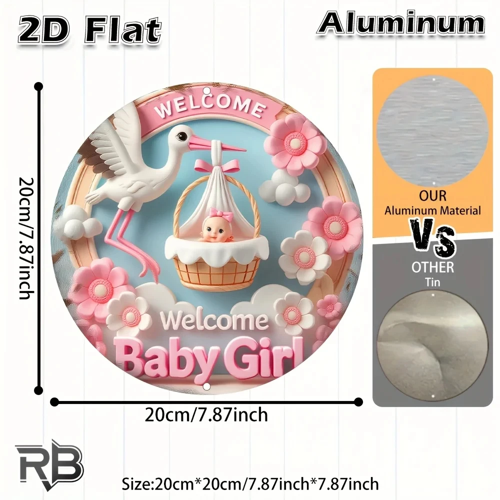 Hd Tin Sign, Welcome Little Princess Stork-Shaped Round Aluminum Wall Art, Newborn Baby Room Decoration