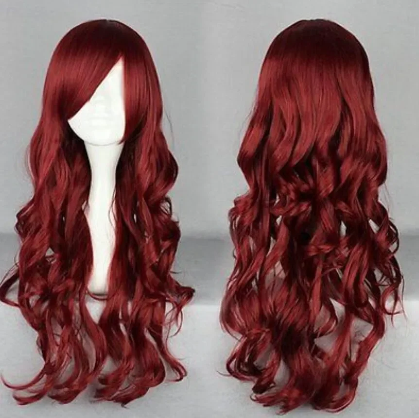 Peruca longa de cabelo encaracolado para mulheres, vinho tinto, cosplay encantador, 70cm