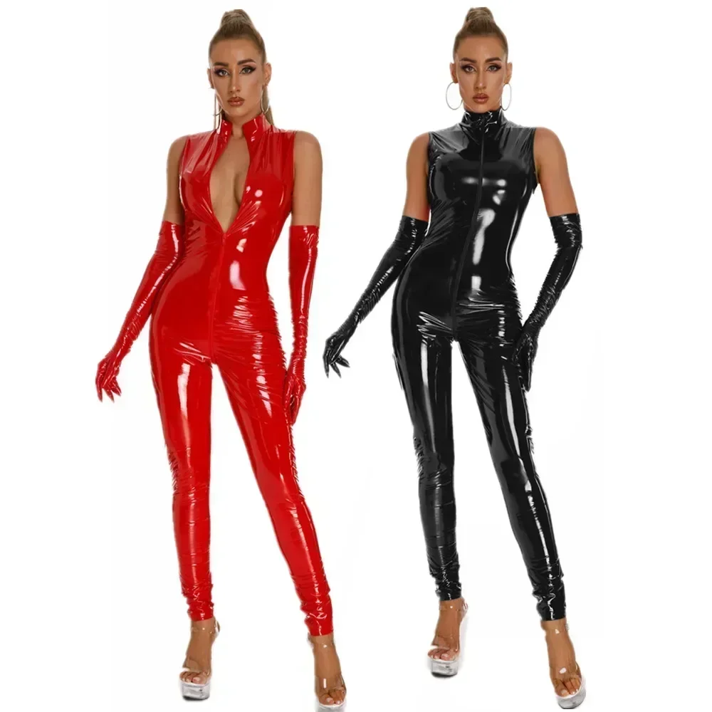 

Glossy Leather Women Bodysuit For Double Zipper Sexy Open Crotch Leotard Shiny Latex Jumpsuit Sleeveless PVC Erotic Costumes