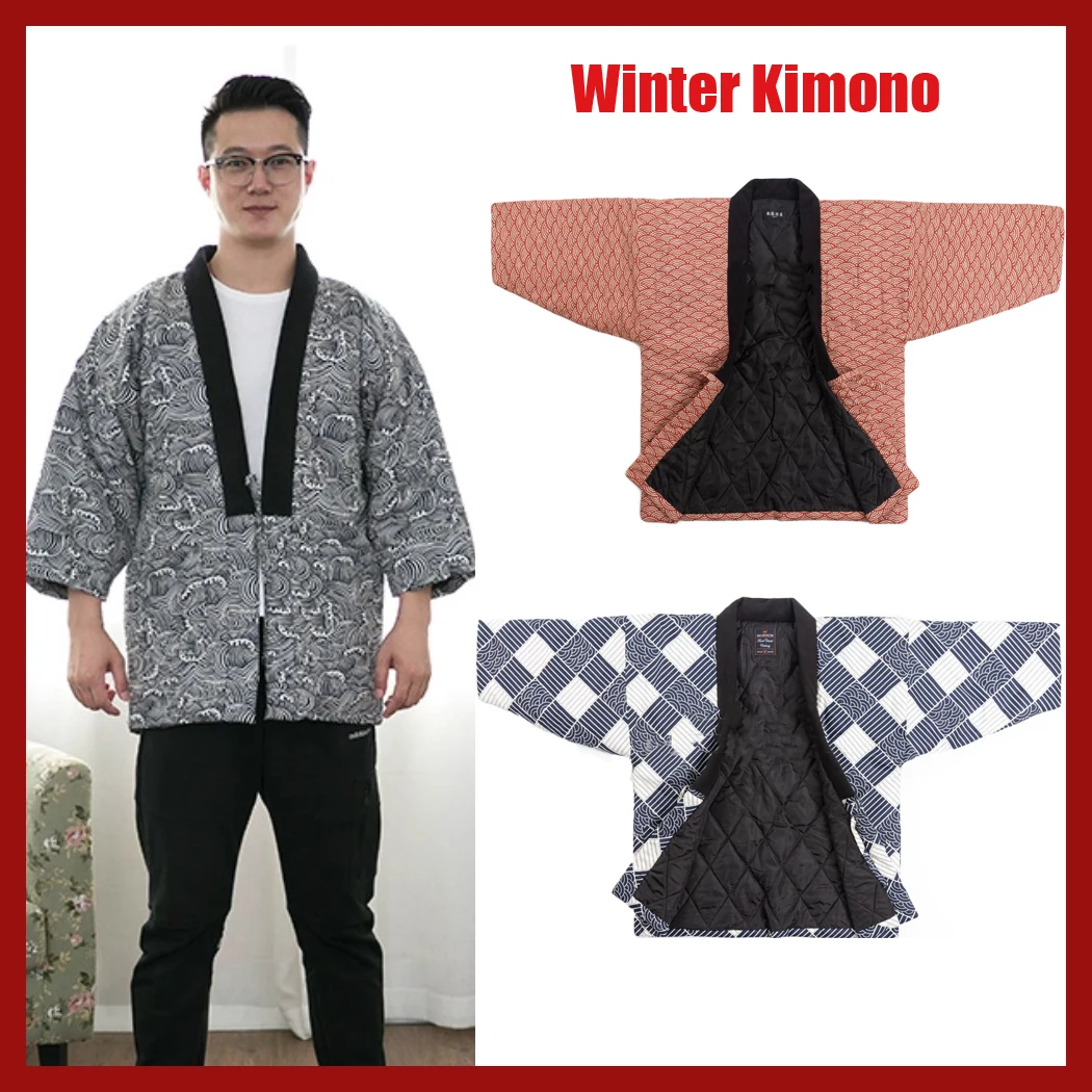 

2025НОВОЕ зимнее темно-синее японское традиционное самурайское кимоно для мужчин, хлопковый купальный халат юката, одежда для сауны, домашняя одежда, 9 цветов