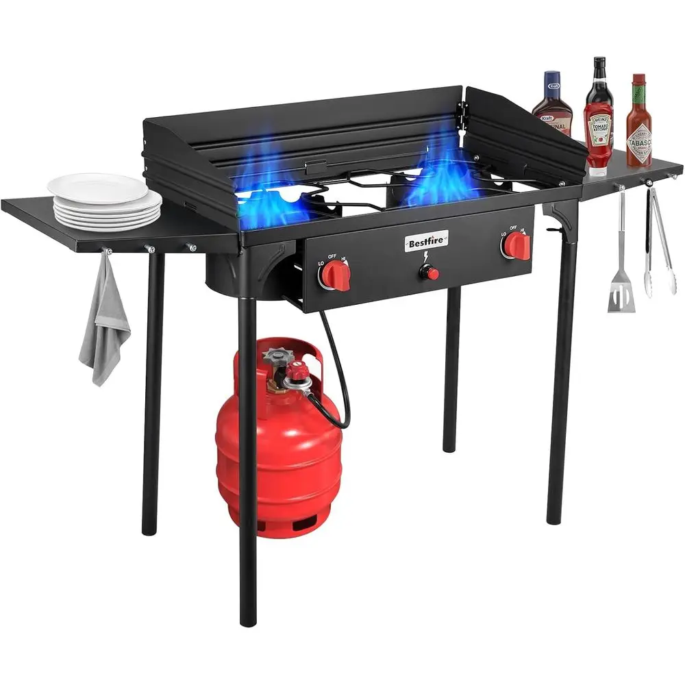 Double Burner Propane Stove with High Pressure Camping Burner, Windshield, Side Shelves, Removable Legs, CSA Certified for Outdo
