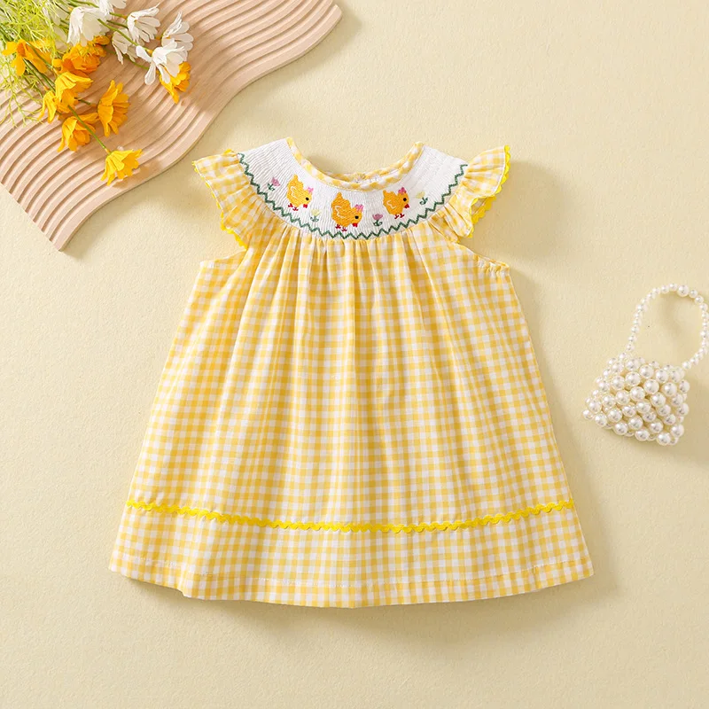 

Baby Girls Plaid Dresses With Chick Embroidery & Smocking Toddler Girl Cotton Dress Children Summer Party Clothing 1-5Y