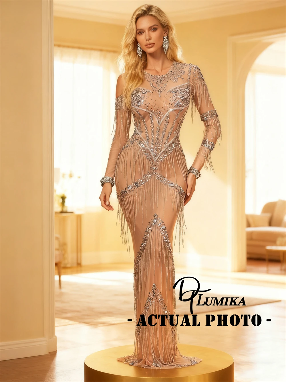 

DTLumika платья-футляры с круглым вырезом и длинными рукавами, стразами, женские роскошные платья для выпускного вечера, вечерние платья