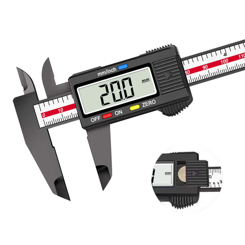 150mmカーボンファイバープラスチックデジタルノギス、LCDスクリーン自動シャットダウン機能付き、インチと正確な測定に使用
