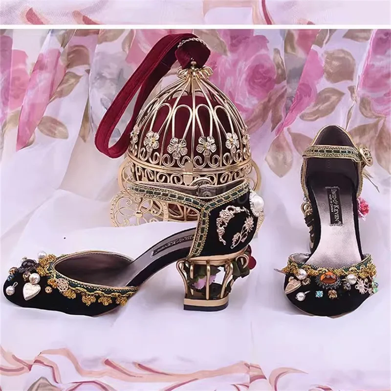 Bird Cage Shaped Rose Heel Sandals Women\'s Luxury Wedding Shoes Eastern Chinese Style Middle High Thick Heels Shoes Red Color