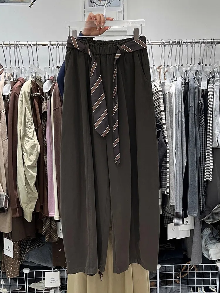 بنطلون واسع الساق بخصر مرتفع وتصميم كوري أنيق، بنطلون كاجوال للنساء مقاس كبير 300، بنطلون فضفاض لموسم الخريف