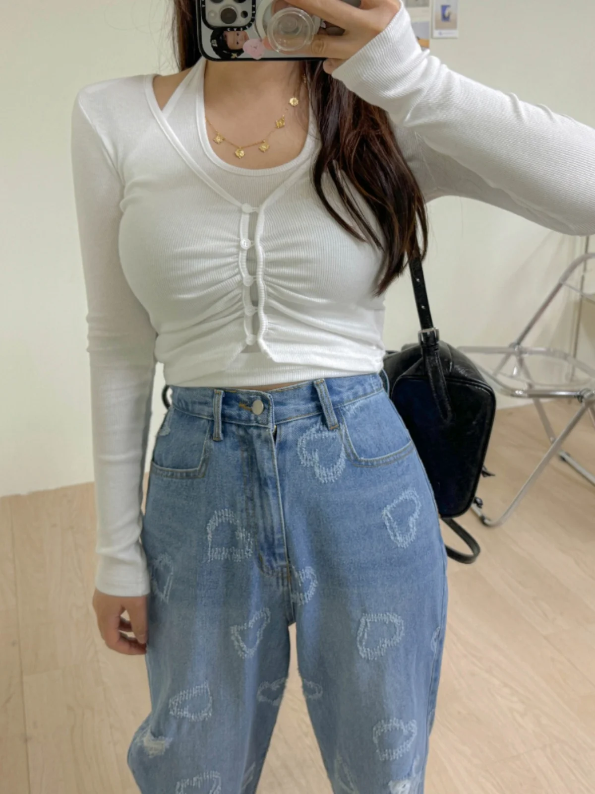 Vintage hoge taille opstaande kraag hart aped denim jeans dames faionable cool veelzijdige wijde pijpen broek zomer 2024