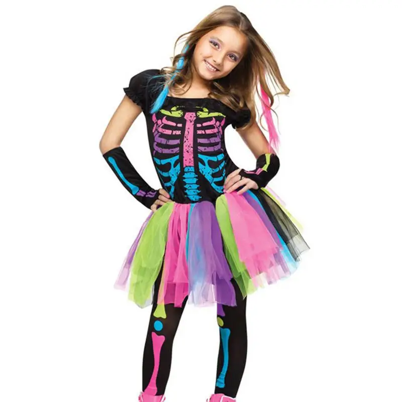 

Girls Halloween Costume Rainbow Skeleton Costume Skeleton Costume Dress For Girls Kids Costume Party Masquerade Halloween
