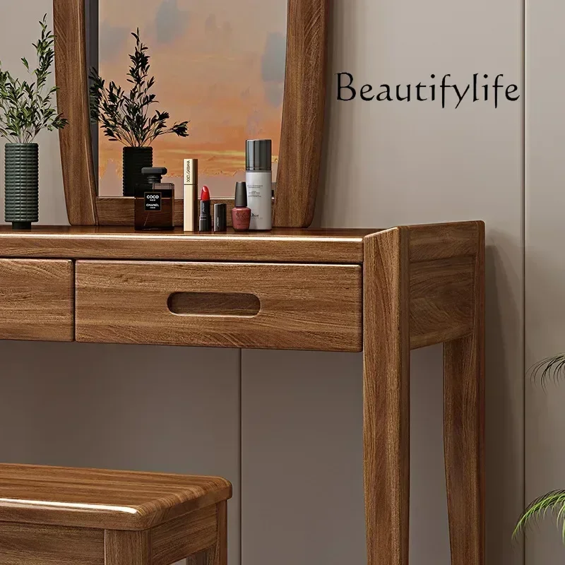 BJ A Decoración 2 أدراج الجوز خشب متين ماكياج الغرور الجدول مجموعة خلع الملابس مرآة بسيطة البراز درج منضدة الزينة غرفة نوم #4