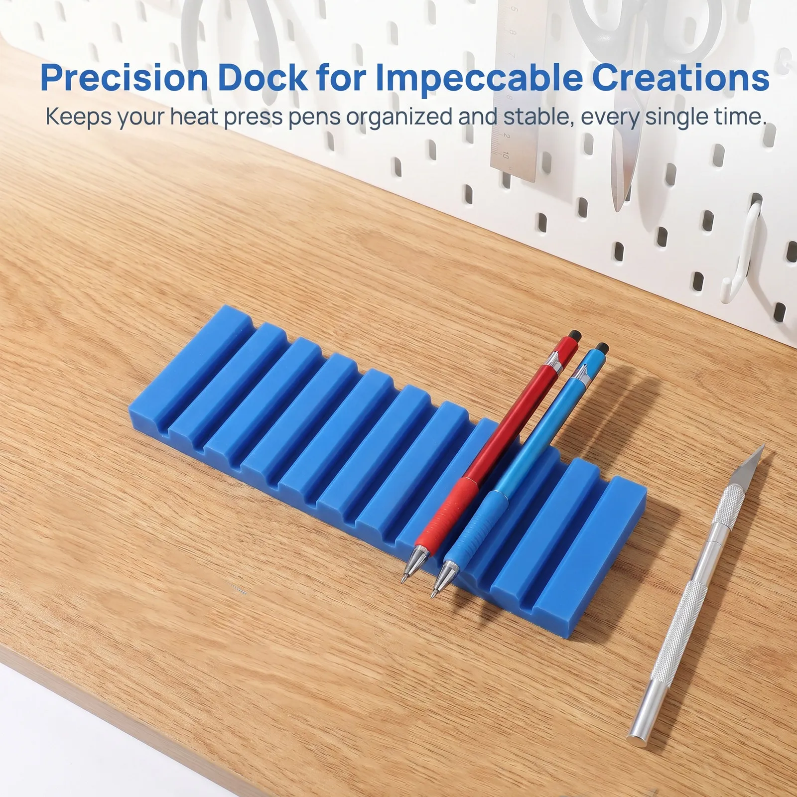 Heat Press Pen Mat for Custom Pen Makers to Keep Pens Stable During Heating, 10-Slot Blue Silicone Organizer, 1 Pc