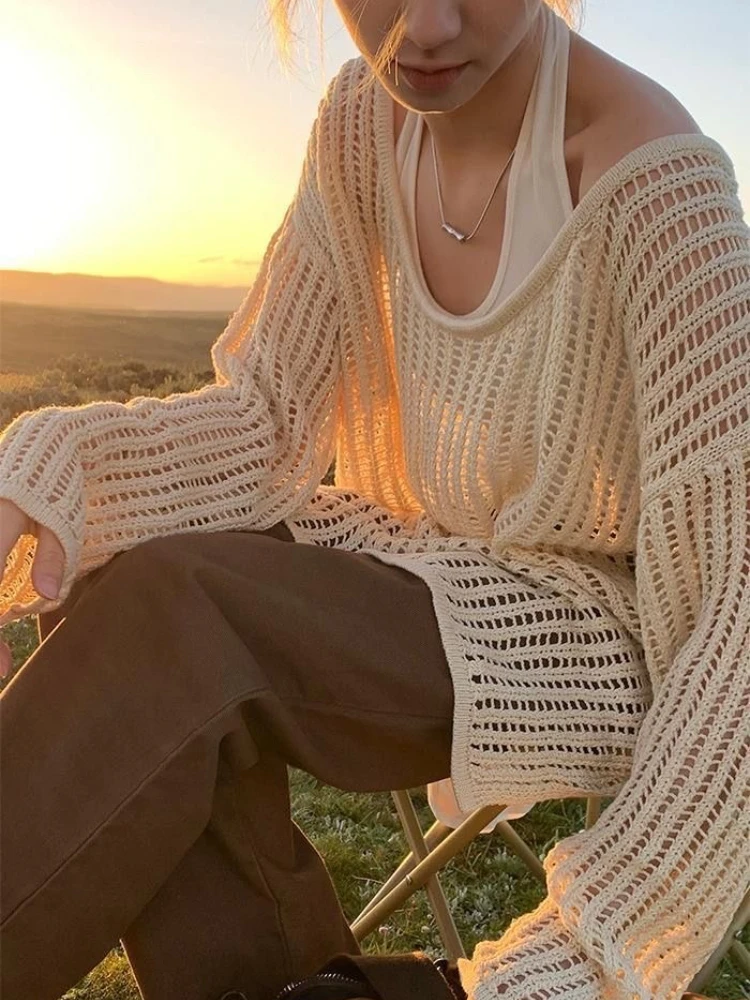 

Women's Oversized Lace Knit Sweater 2025 Spring Summer Boho Lace-up Long Sleeve Openwork Tunic Top Chic Loose Casual