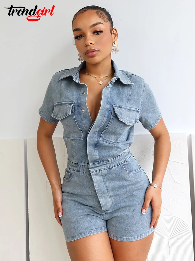 

Trendgirl Chest Double Pockets Single-breasted Short Jumpsuit Vintage Blue Stretch Denim Playsuits Women Birthday Party Rompers