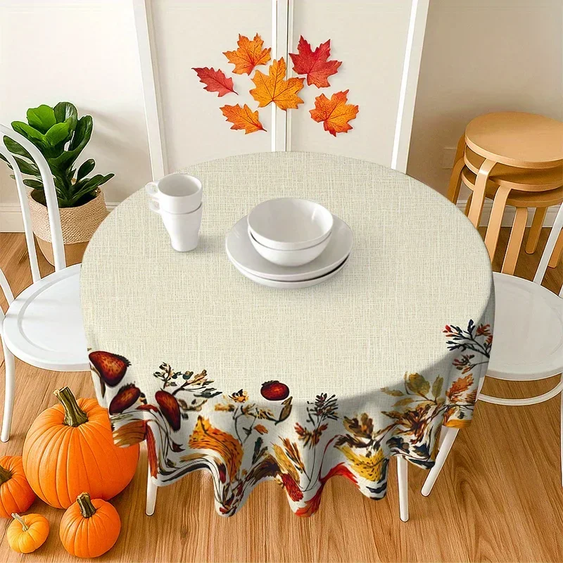 One piece of mushroom berry leaf autumn round tablecloth. Thanksgiving harvest party picnic dinner tablecloth. yzb