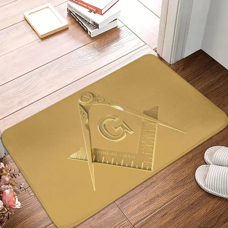 Gold Freemason Logo Floor Door Bath Kitchen Mat Anti-Slip Outdoor Masonic Mason Doormat Garage Entrance Rug Carpet Footpad