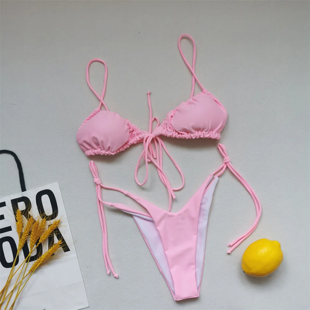 Lovely Beach Bikini Ruched String Lace Up Swimsuit Thong Women Hot Summer Y2K Trend Vacation Swimwear Separate Micro Bathing Set