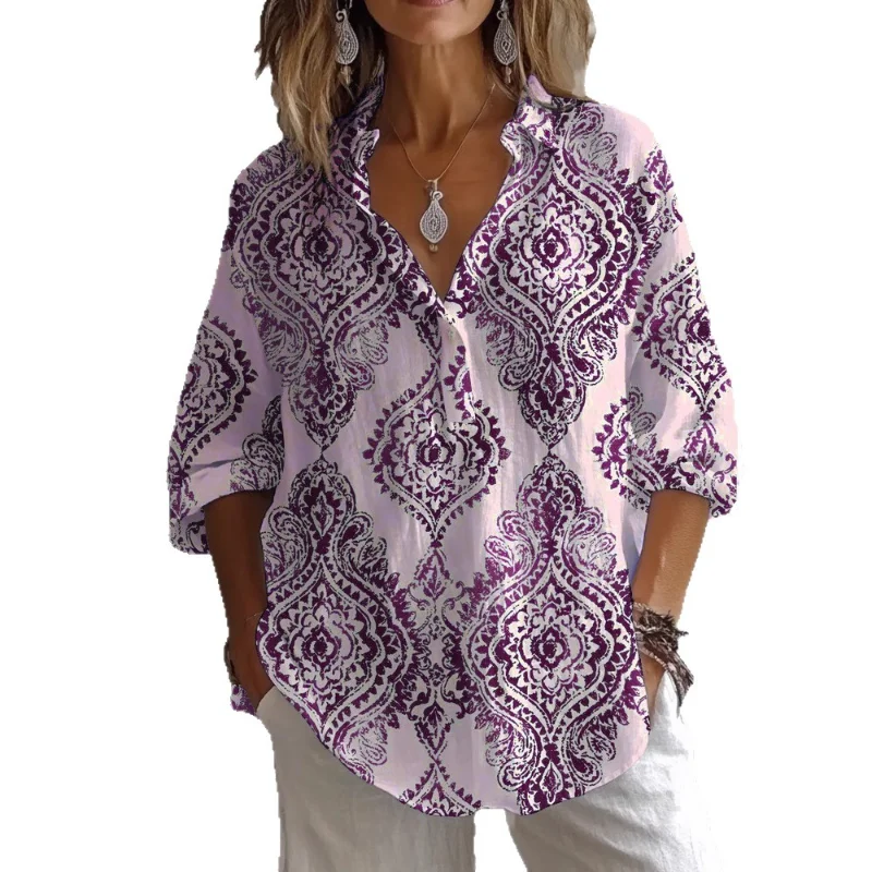 2025 nueva camisa informal con estampado Digital Regular y cuello levantado de tubo de puerta de manga larga para mujer