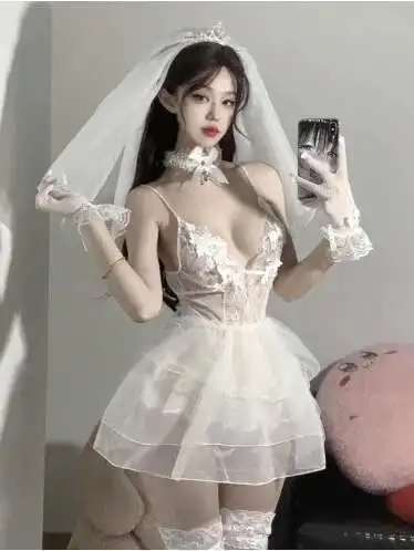 Bielizna Koronkowa Seksowna Siatka Panna Młoda Odgrywanie ról Seksowny dekolt V Wydrążony Uwodzenie Niski krój Bielizna nocna dla kobiet Elegancka sukienka X2MS