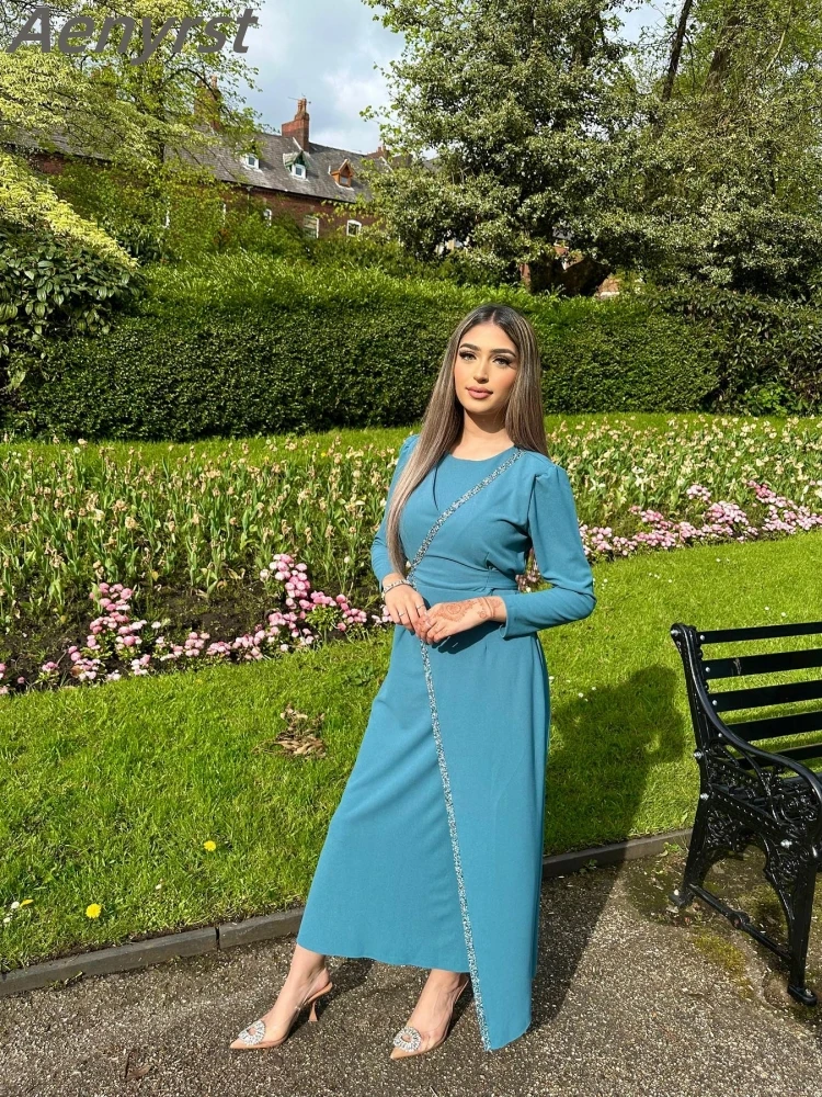 Vestido de noche elegante de manga larga con cuello redondo, con cuentas hasta el tobillo vestido de fiesta, vestidos formales de graduación de Arabia Saudita