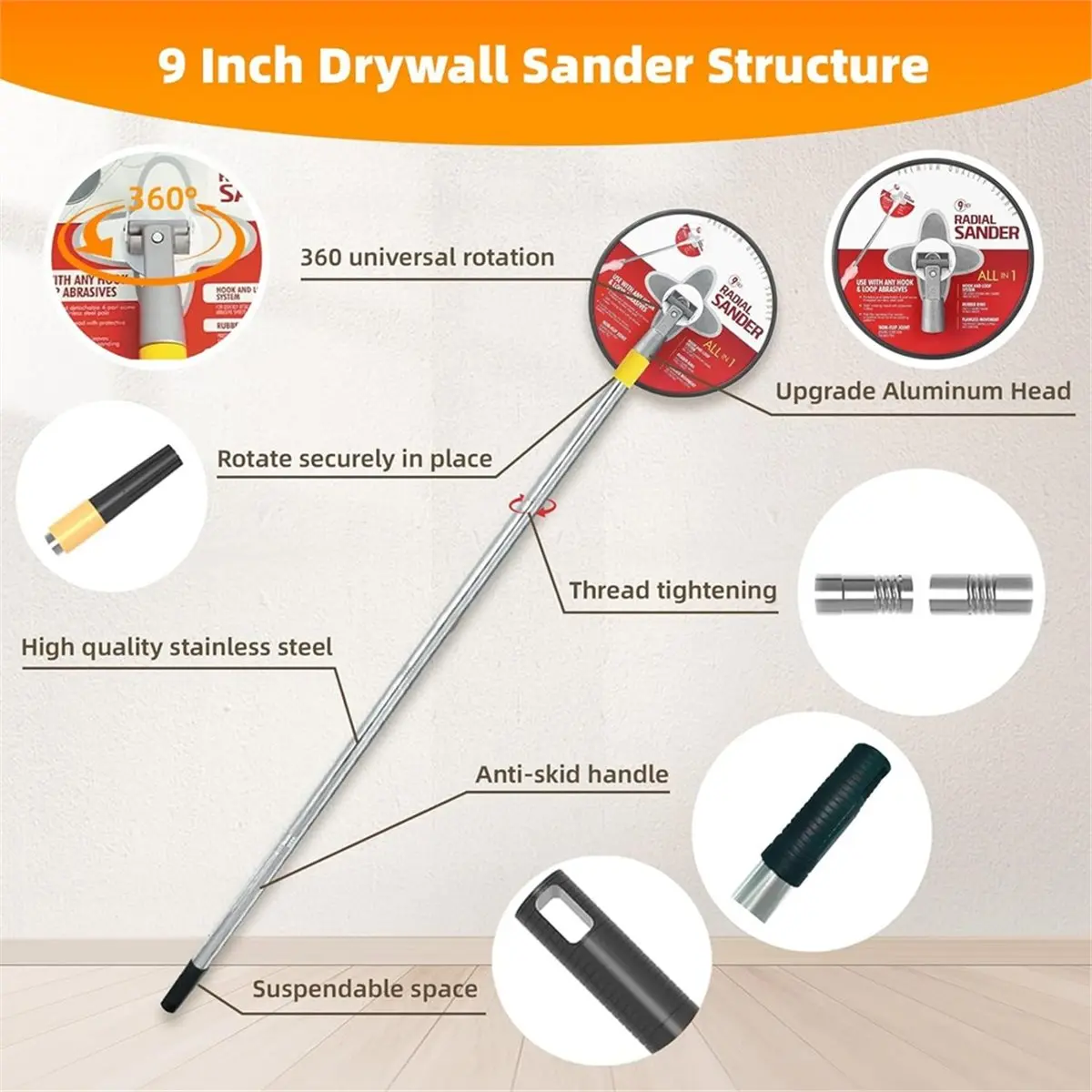 ماكينة صنفرة القطب للجدران الجافة، ماكينة صنفرة يدوية للحوائط الجافة مع عمود تمديد - مثالية لمشاريع الرسم، موصل ألومنيوم