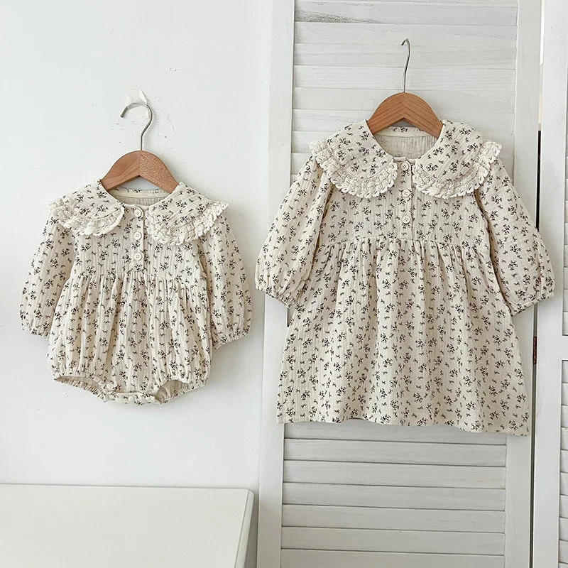 

2025 Spring Autumn Girls Matching Sister Dresses Toddler Cotton Long Sleeve Romper Casual Princess Dress for Baby Kids