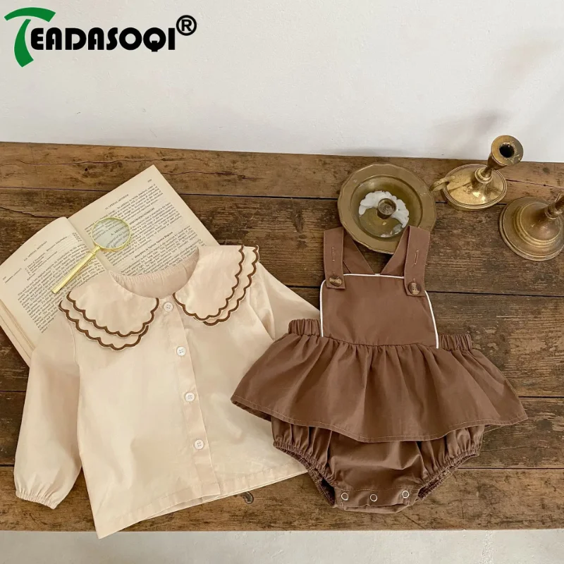 

2024 Autumn Kids Infant Peter Pan Collar Bodysuits Full Sleeve Single-breasted Shirts With Tiered Straps Newborn Baby Jumpsuits