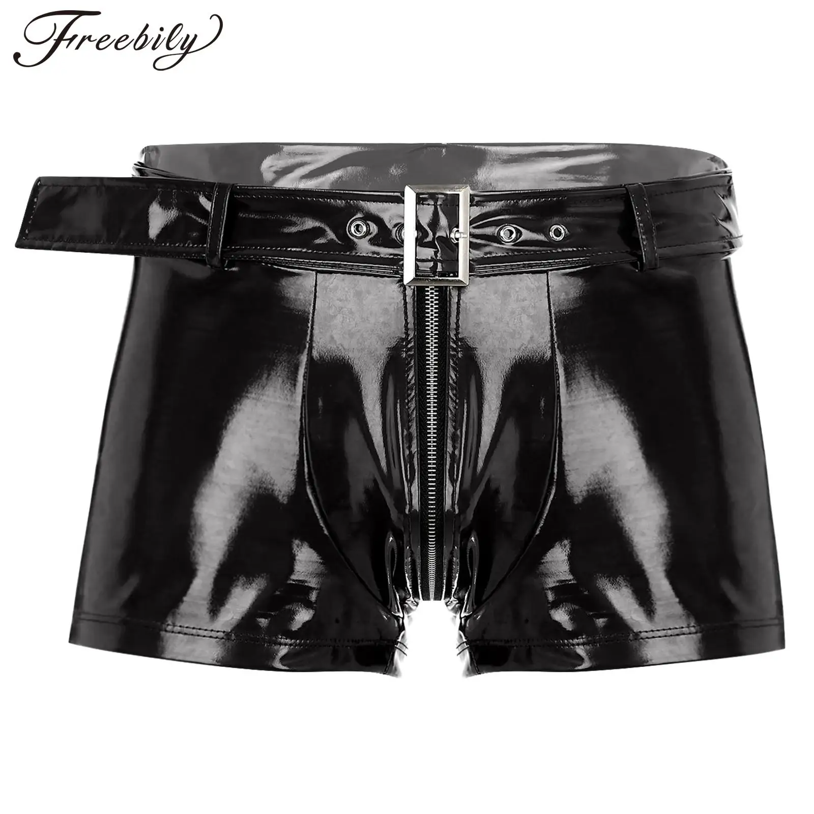 

Mens Wet Look Boxer Shorts with Waist Belt Double-End Zipper Openable Cortch Bulge Pouch Underwear Nightwear Sexy Clubwear