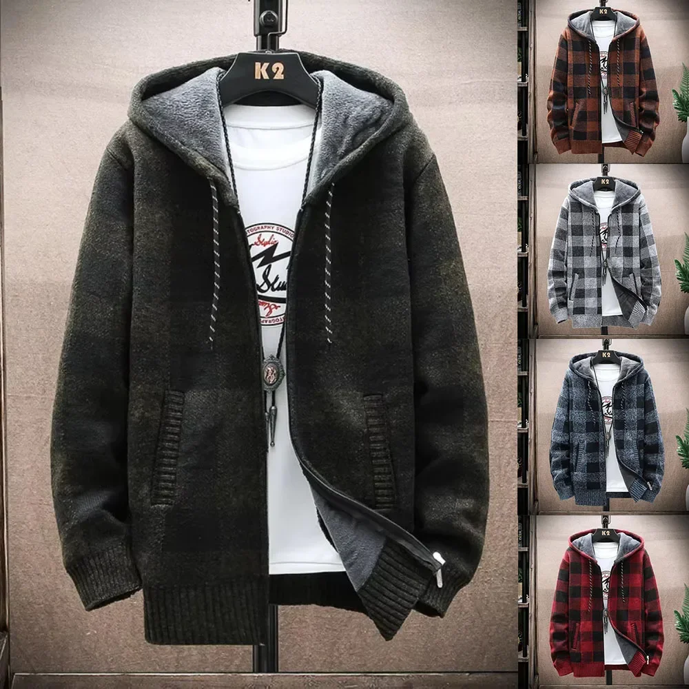 

Pop Autumn New Knitted Plaid Cardigan Sweater Men's Fashion Zipper Hodied Jacket Long-sleeved Sweatercoat Warmth Casual Jackets