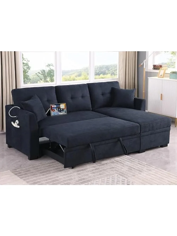 L-Shape Reversible Sectional Sofa Bed Convertible Sleeper Corner Couch w/USB Ports and Storage Chaise, 4 in 1 Pull-Out Sofabed