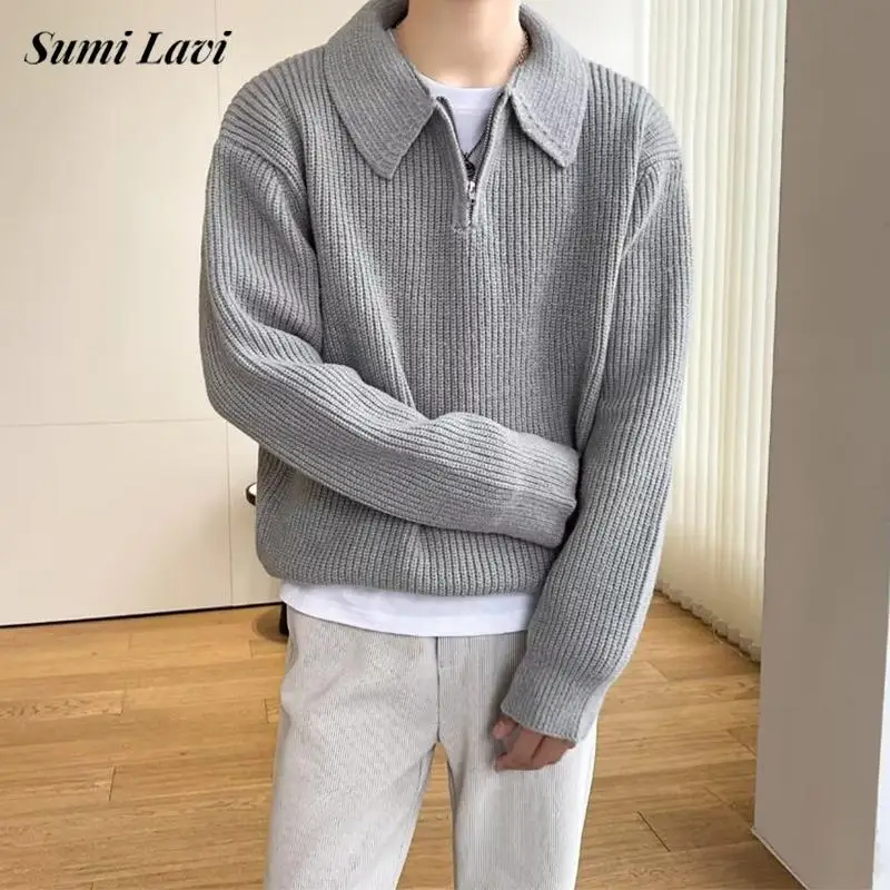 

Модный мужской свитер-поло на молнии с лацканами, осень-зима, стильные однотонные вязаные мужские рубашки поло, повседневные пуловеры с длинными рукавами, топы