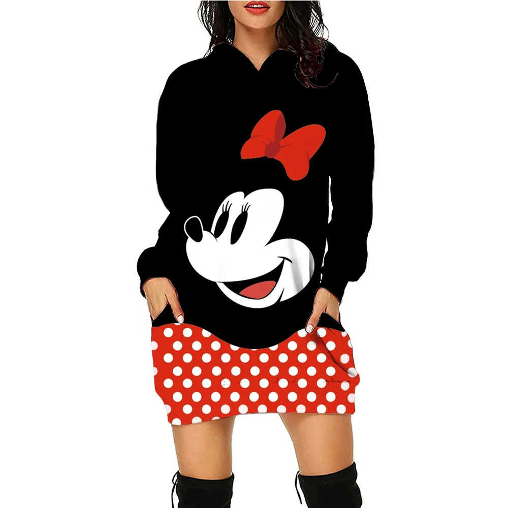 Autumn Winter Disney Mickey Mouse Mickey Print Hoodie Sweater Dress Casual Street Style Fashion Simple Ladies Sweater Dress