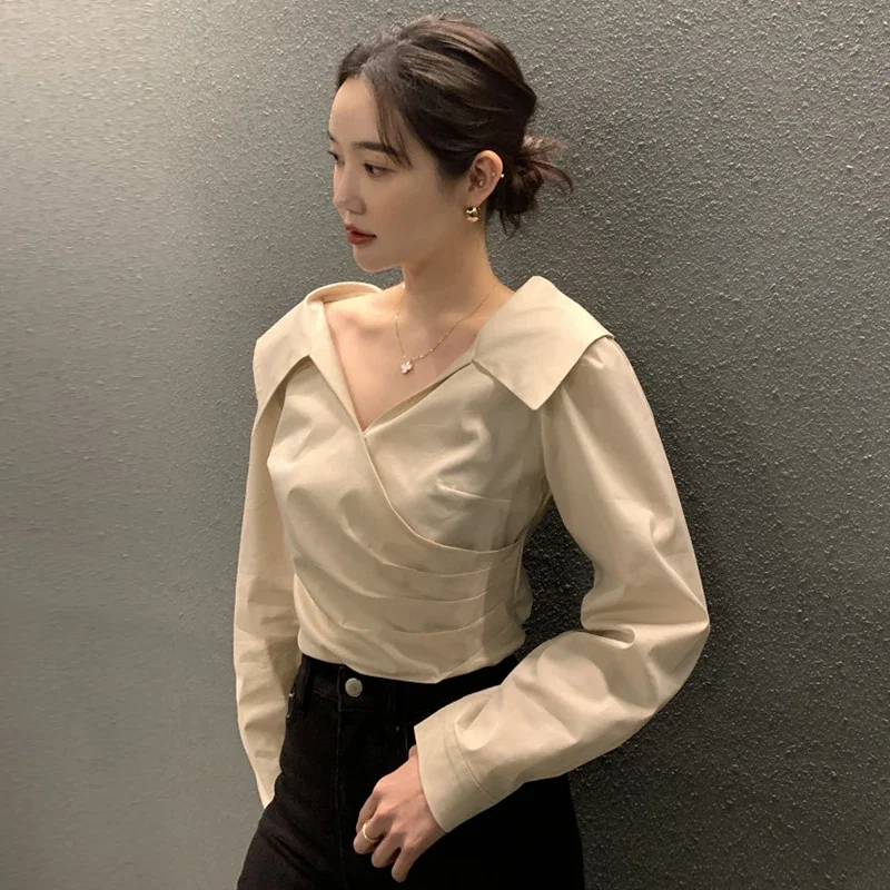 Komiyama Chic Cross Ruched Shirts Lapel Neck Long Sleeve Blouses New Aesthetic Tops Solid Casual Shirt Spring Clothes Women