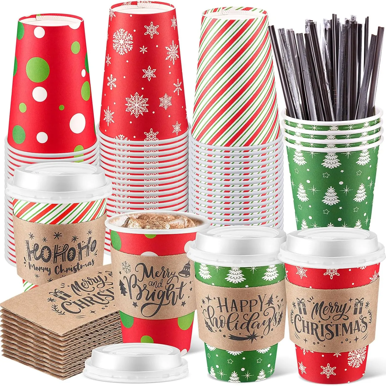 

100 Sets Christmas Coffee Disposable Cups with Lids Sleeves and Stirring Straws Snowflake Red Green Coffee Paper Cups fo