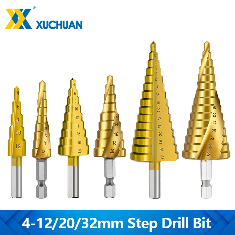 

1pc 4-12/20/32mm Step Drill Bit Titanium Coated Straight Groove Drill HSS Triangular Shank Spiral Groove Drill Bit Hole Cutter