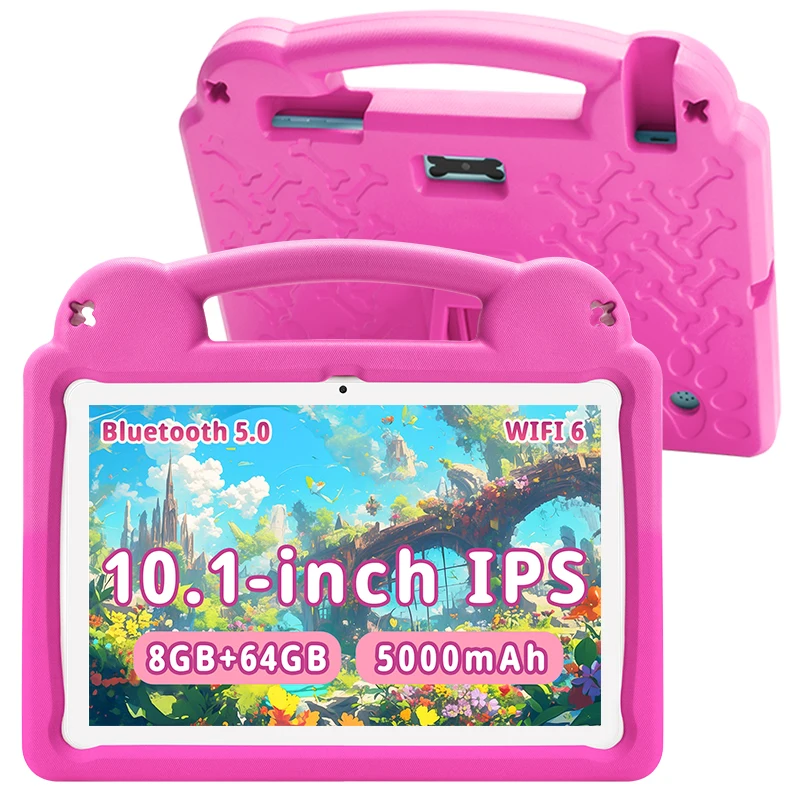 تابلت أندرويد 15 للأطفال، تابلت 10.1 بوصة للأطفال، ذاكرة وصول عشوائي 8 جيجابايت وذاكرة قراءة فقط 64 جيجابايت مع حافظة، طاولة أطفال ثماني النواة بقدرة 5000 مللي أمبير في الساعة
