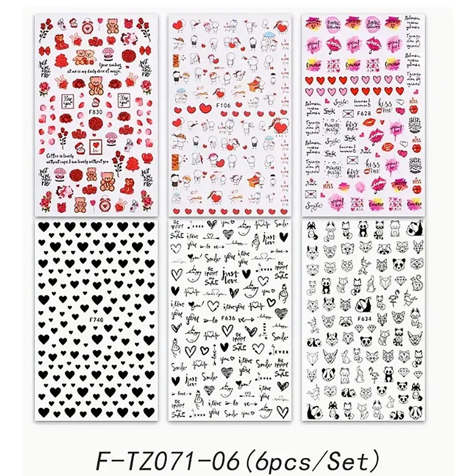 6PCS 3D Valentinstag Nail art Aufkleber Liebhaber Brief Nettes Mädchen Cartoon Slider Full Wrap Aufkleber Auf Telefon Nail art Zubehör