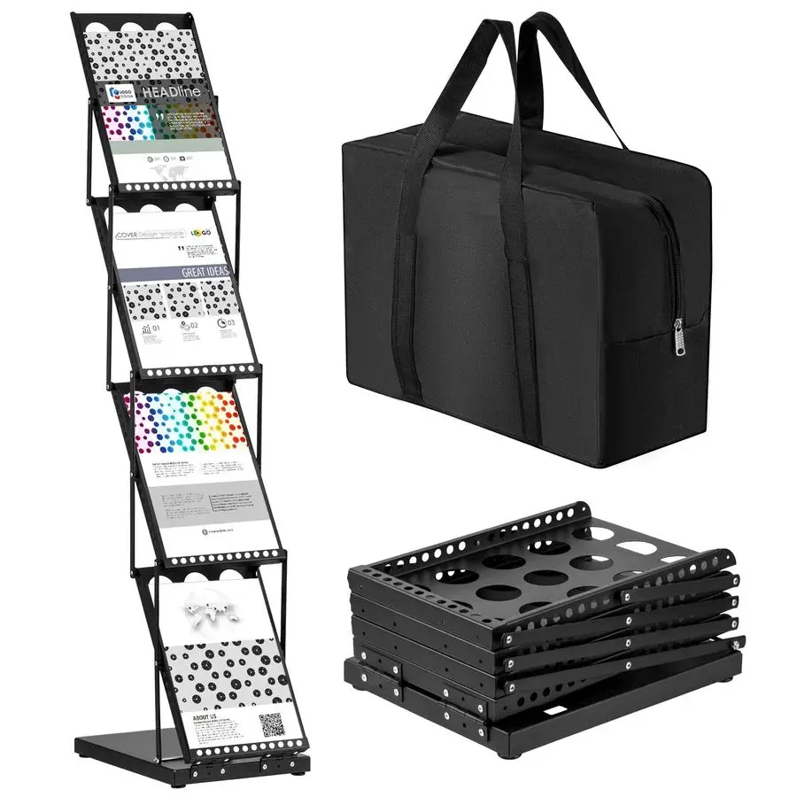 

1 Piece Foldable Magazine Rack Metal Catalog Literature Rack Portable 4 Pockets with Carrying Bag Brochure Stand Literature Disp