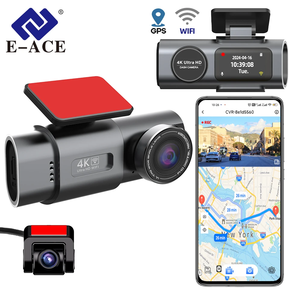 

E-ACE 4K DashCam With WiFi GPS Dual Lens Car Recorders 1080P Night Vision Rearview Camera Car DVR Black Box 24H Parking