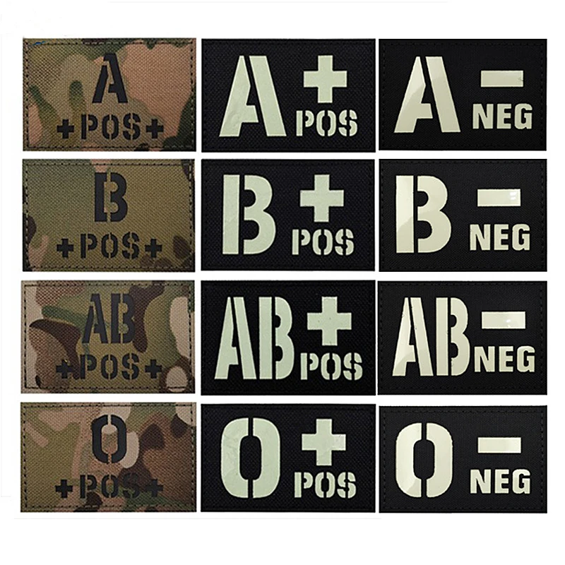 Blood Type Patches A B AB O POS+ NEG- Multicam CP Reflective Luminous Nylon Positive Glow In Dark DIY Military Armband Applique