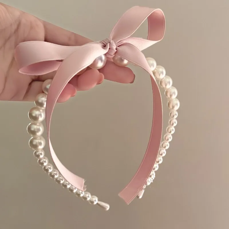 Girl like French pink bow ribbon pearl headband, high-end and sweet temperament hair clip headband