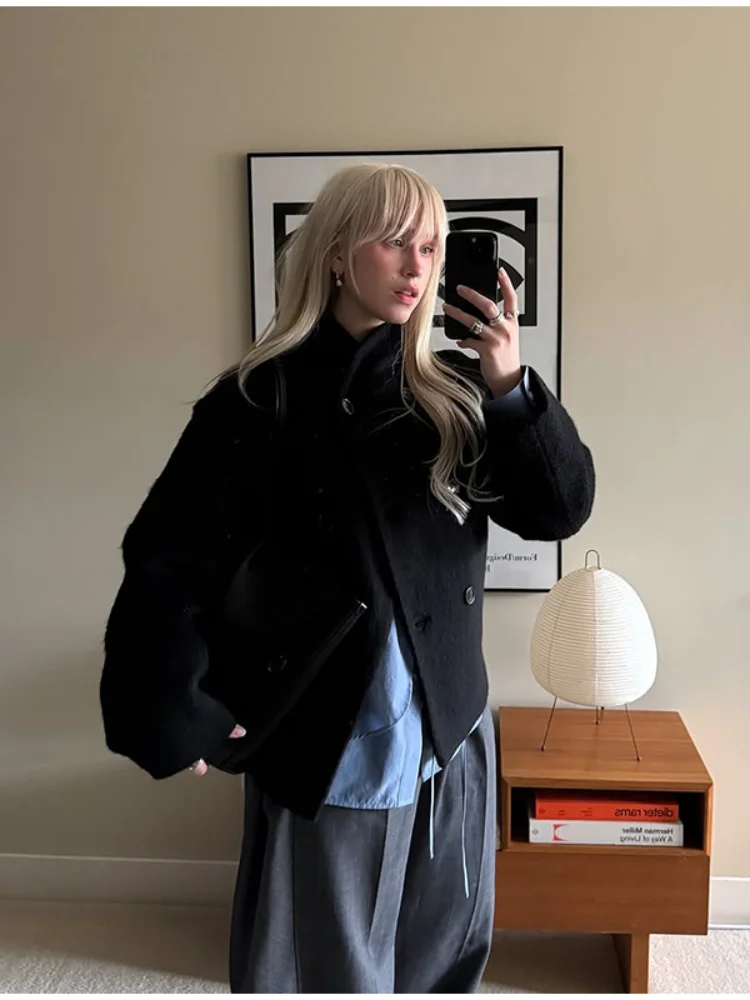 

Черное женское шерстяное пальто с воротником-стойкой, повседневное однобортное свободное укороченное пальто с длинными рукавами, женская новая уличная мода, повседневная верхняя одежда