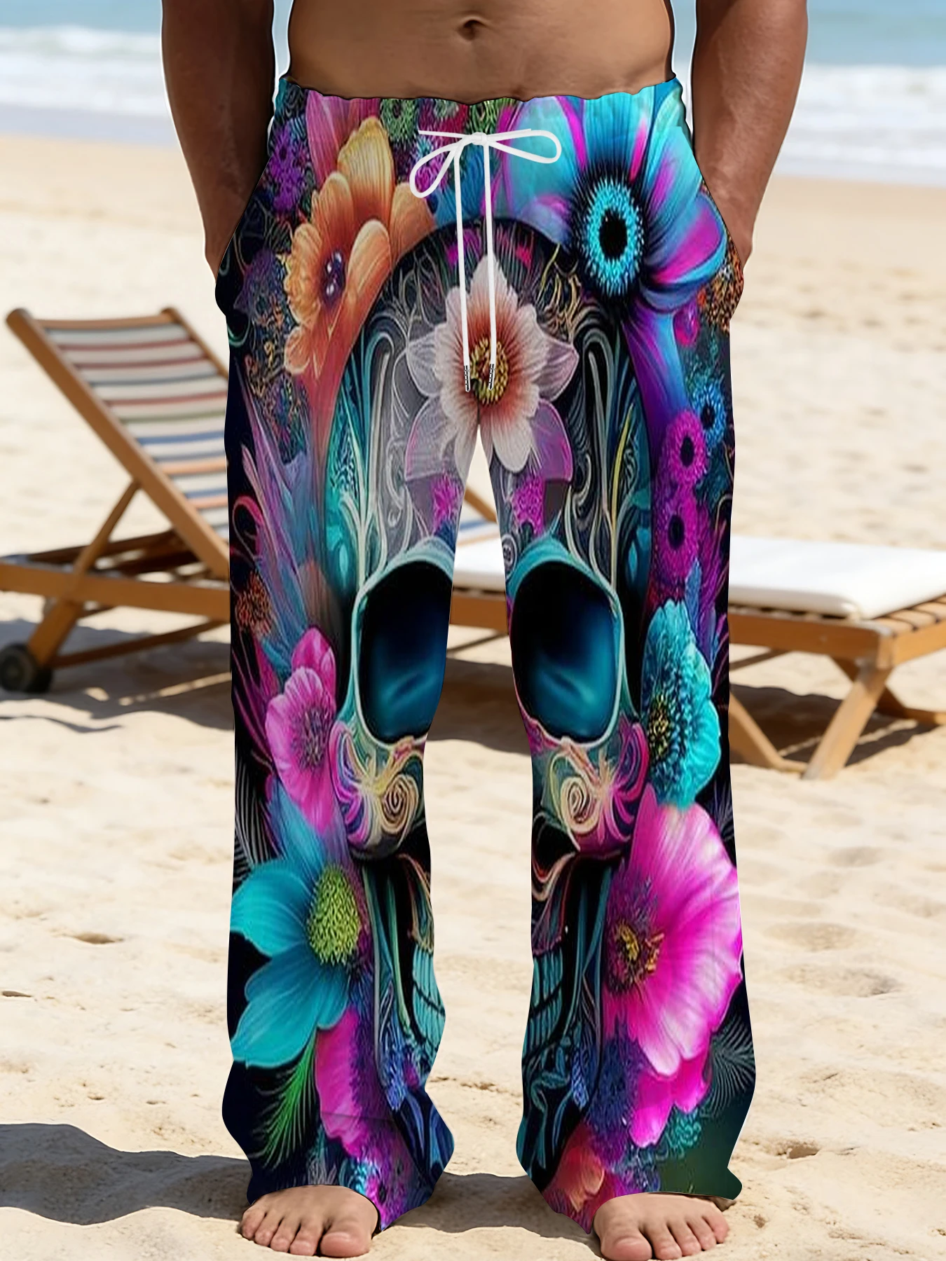 

2026 Men's Printed Straight Leg Pants Abstract Wave Design Drawstring Waist Loose Fit Summer Beach Casual Lightweight Trousers