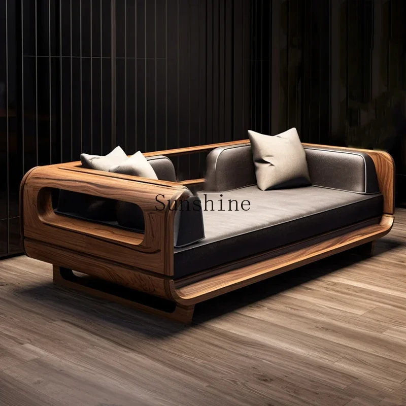 New Chinese solid wood sofa bed living room black walnut modern simple chaise longue