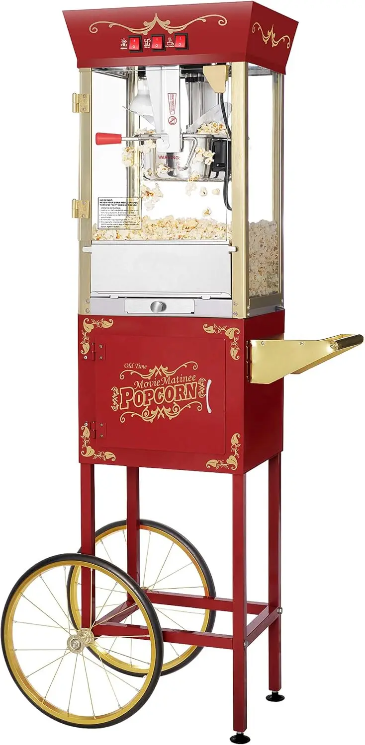 Matinee Popcorn Machine with Cart - 8oz Popper with Stainless-Steel Kettle, Warming Light, and Accessories  (Red)